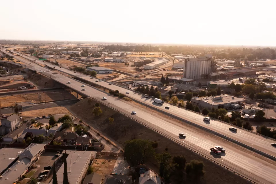 Aerial view of freeway and Fresno, California.